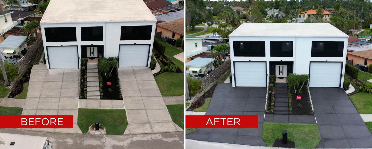 Before and after comparison of a concrete driveway transformed by Concrete Solutions & Innovations using ColorWave Steel Gray stain for a modern, sleek finish